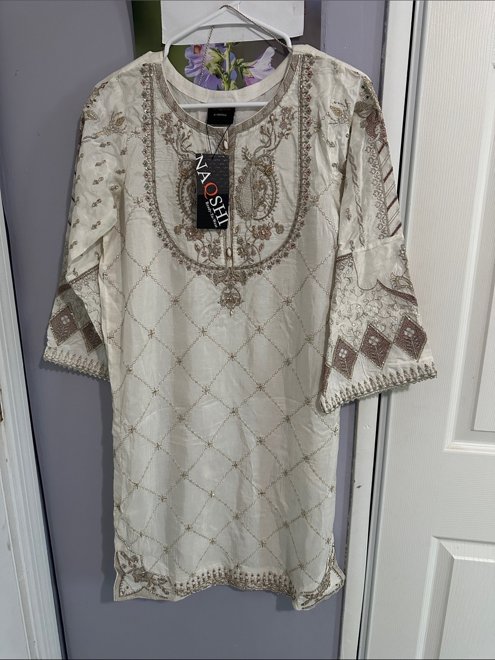 Naqshi Pakistani silk Embroidered Cream Women's Dress
